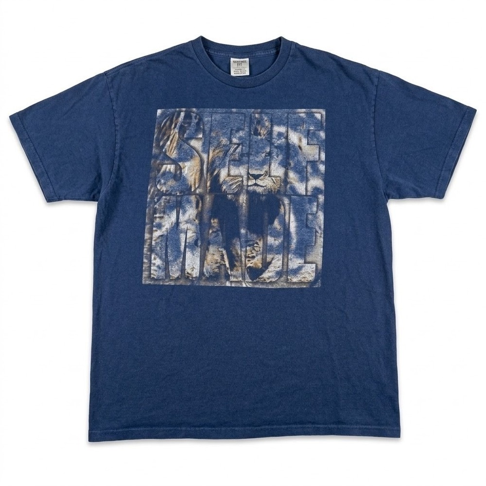 Mens XL T-Shirt Blue Self Made Lion Graphic Short Sleeve Irregular Cotton